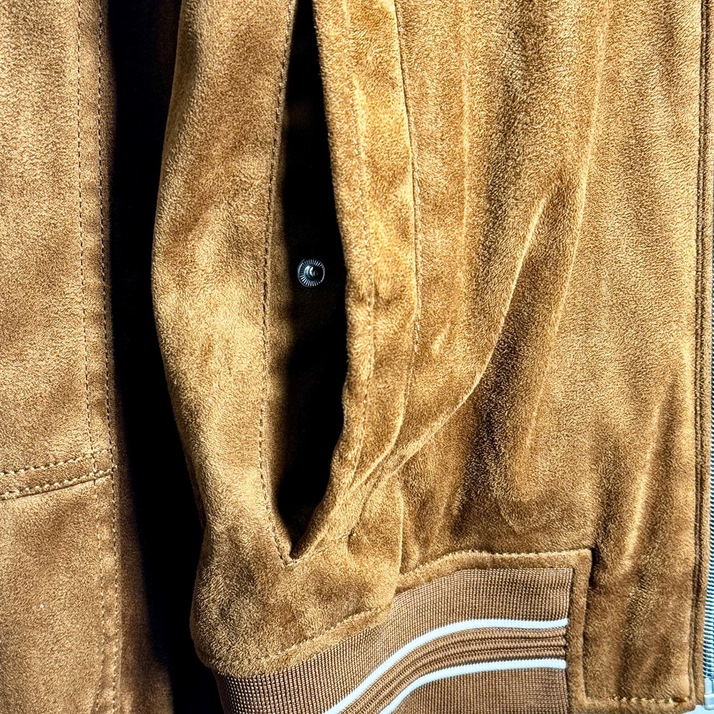 Zara Men's Faux Suede Brown Varsity Bomber Jacket w Hoodie Sz Medium - Picture 7 of 11